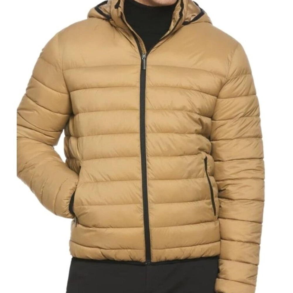 PERRY ELLIS Puffer Jacket Mens XXL Camel Tan New Quilted Hooded Lightweight